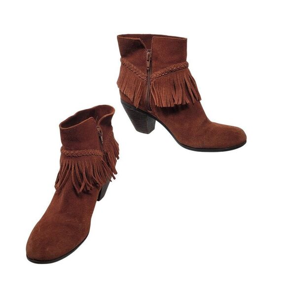 Gianni Bini Rust Brown Suede Fringe Western Ankle Booties 9 Leather Heeled Boot - Picture 13 of 13